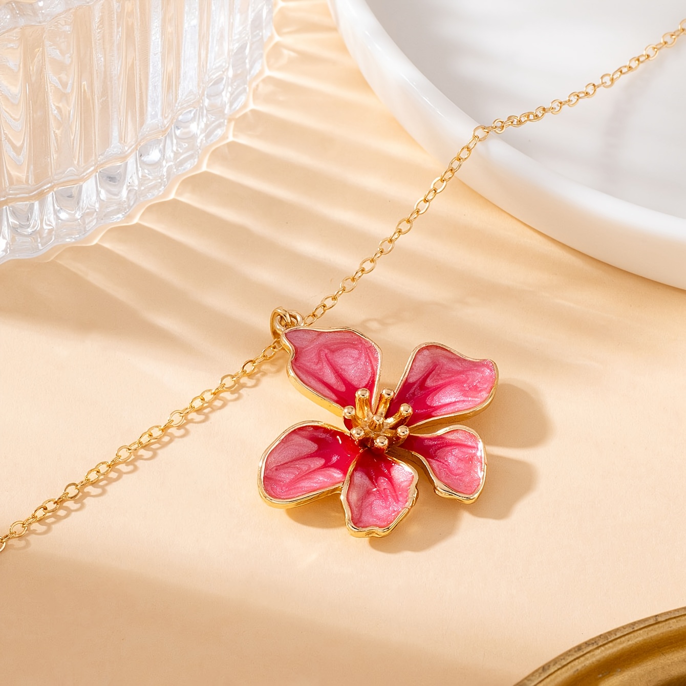 Handmade White, Pink, and Orange Enamel Five-Petal Flower Necklace